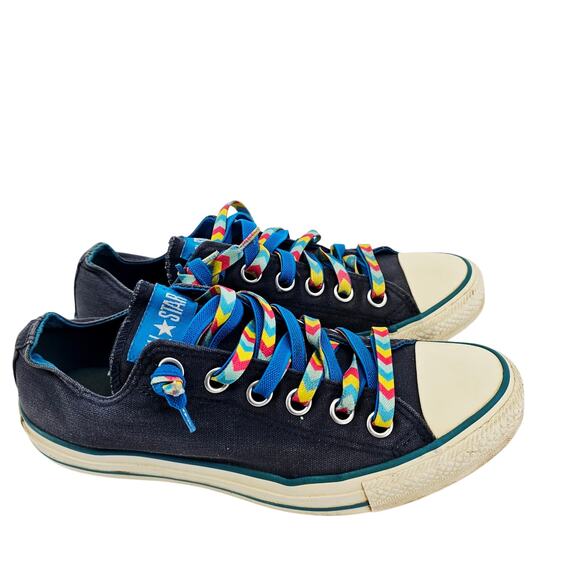 Converse Chuck Navy Blue Rainbow Chevron Laces Low Top Sneaker Shoe Womens 10 - Picture 1 of 9